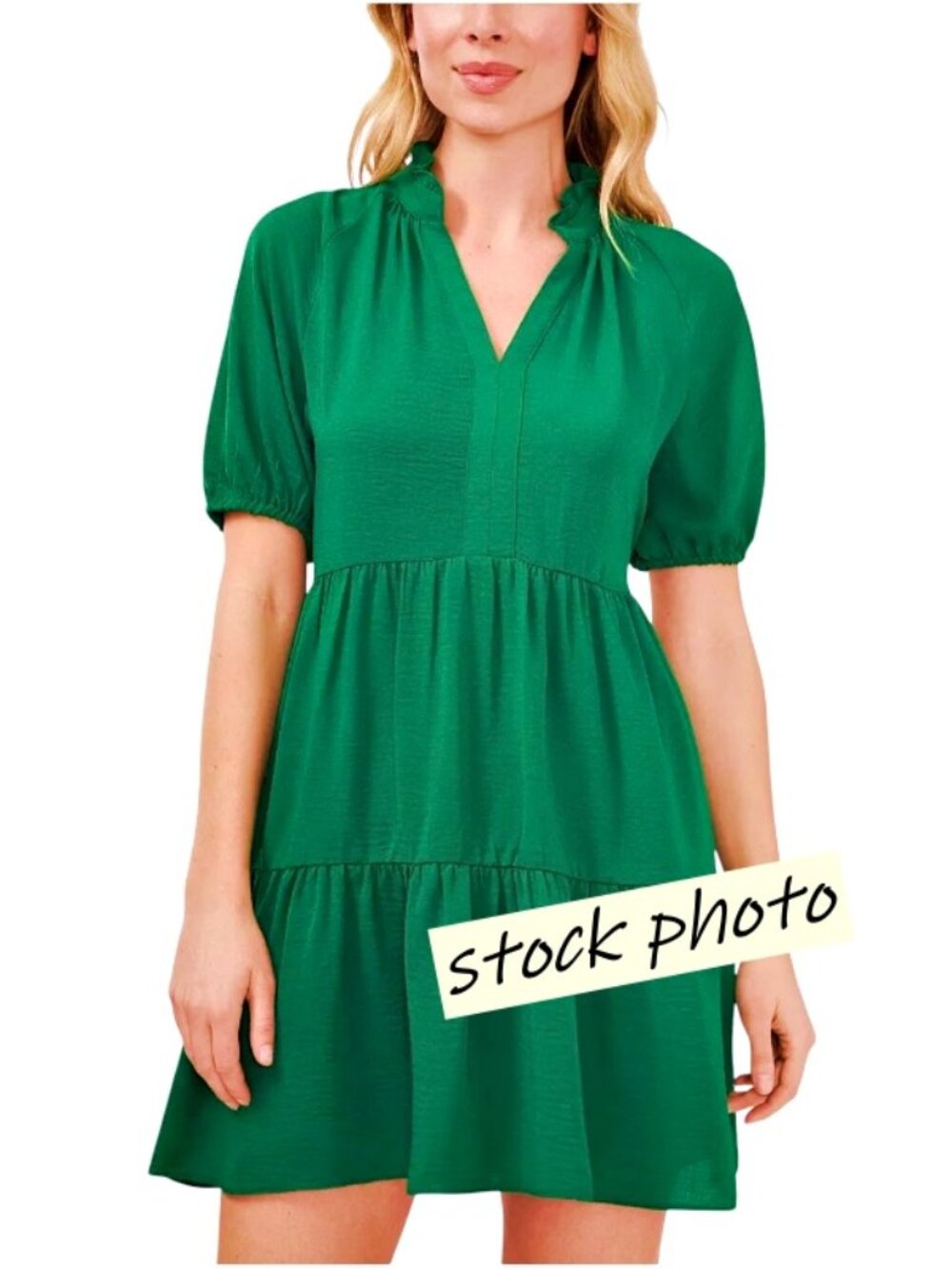 CeCe Kelly Green Tiered Babydoll MINI Dress S Puff Sleeve Ruffle Collar Preppy